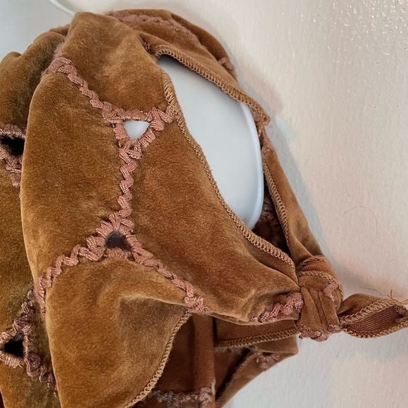 Brown Slit tie Sleeve Square Neck Stitching Top boho Western Pullover Top - Picture 9 of 13